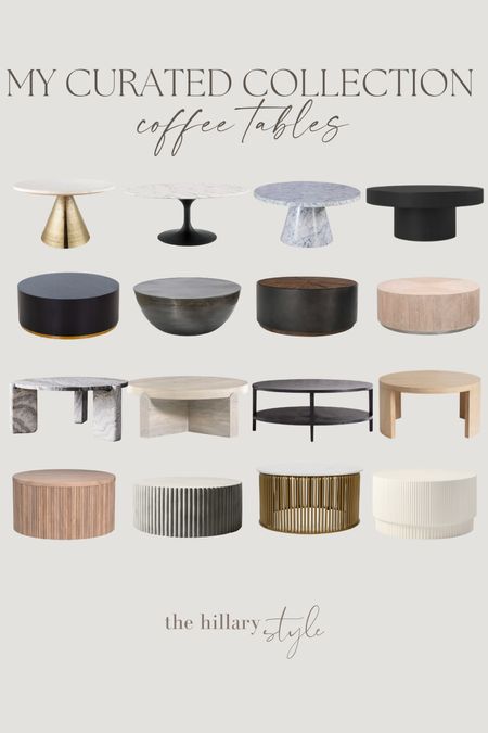 My curated collection of some of my favorite round coffee tables! 

Marble coffee tables. Wood coffee tables. Black coffee tables. White coffee tables. Concrete coffee tables. Fluted coffee tables. Amazon. Pottery barn. Crate and barrel. West elm. Arhaus. 

#LTKhome #LTKsalealert #LTKstyletip