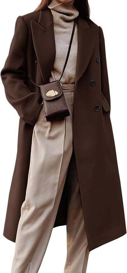 Womens Long Wool Coats Fall Winter Double Breasted Trench Coat Peacoat | Amazon (US)