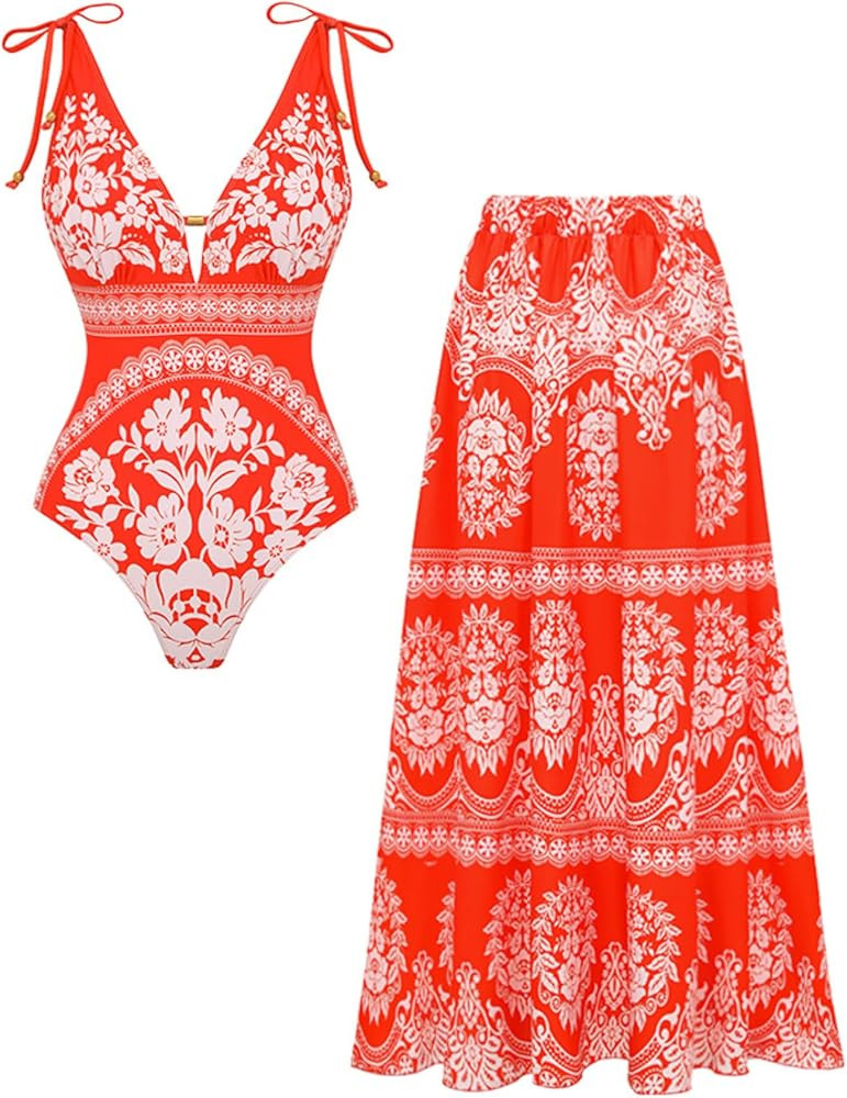 FLAXMAKER Women's One Piece Orange and White V Neck Bow-Detailed Floral Pattern Printed Swimsuit ... | Amazon (US)