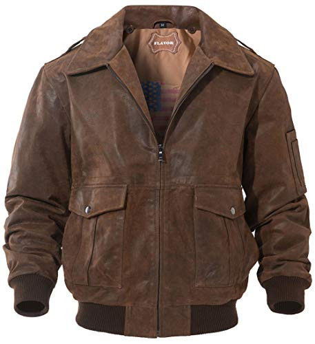 FLAVOR Men's Leather Flight Jacket Bomber Air Force Aviator. (Brown, Large) | Amazon (US)