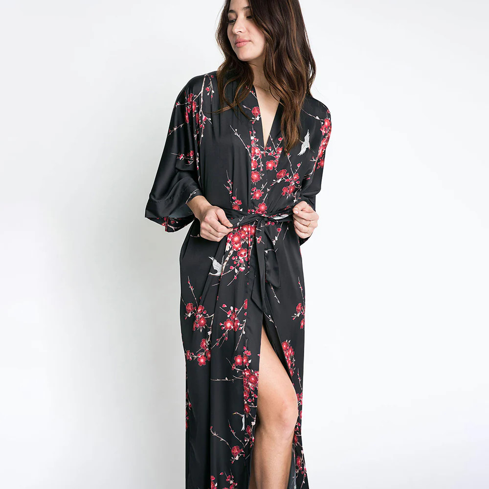 Cherry Blossom & Crane Long Kimono Robe | KIM+ONO