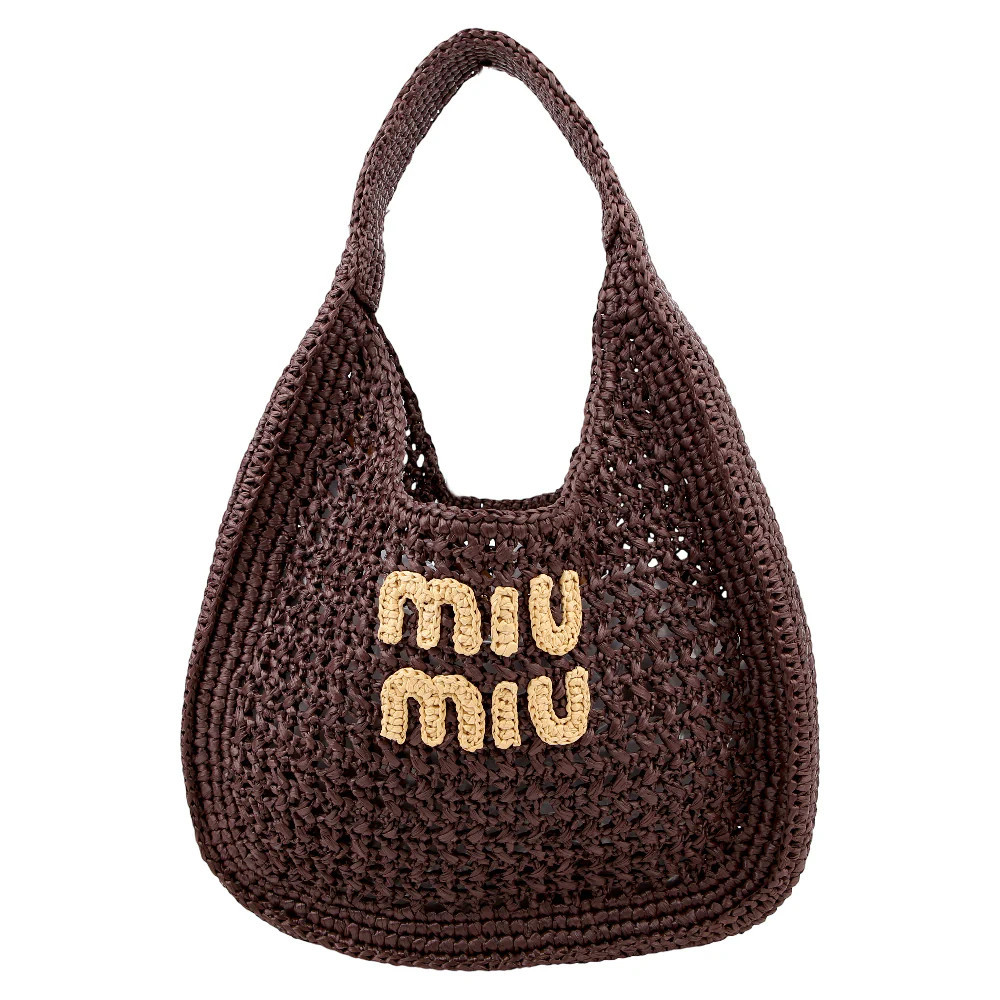 Logo Raffia Crochet Hobo with Pouch Brown | Keeks Designer Handbags