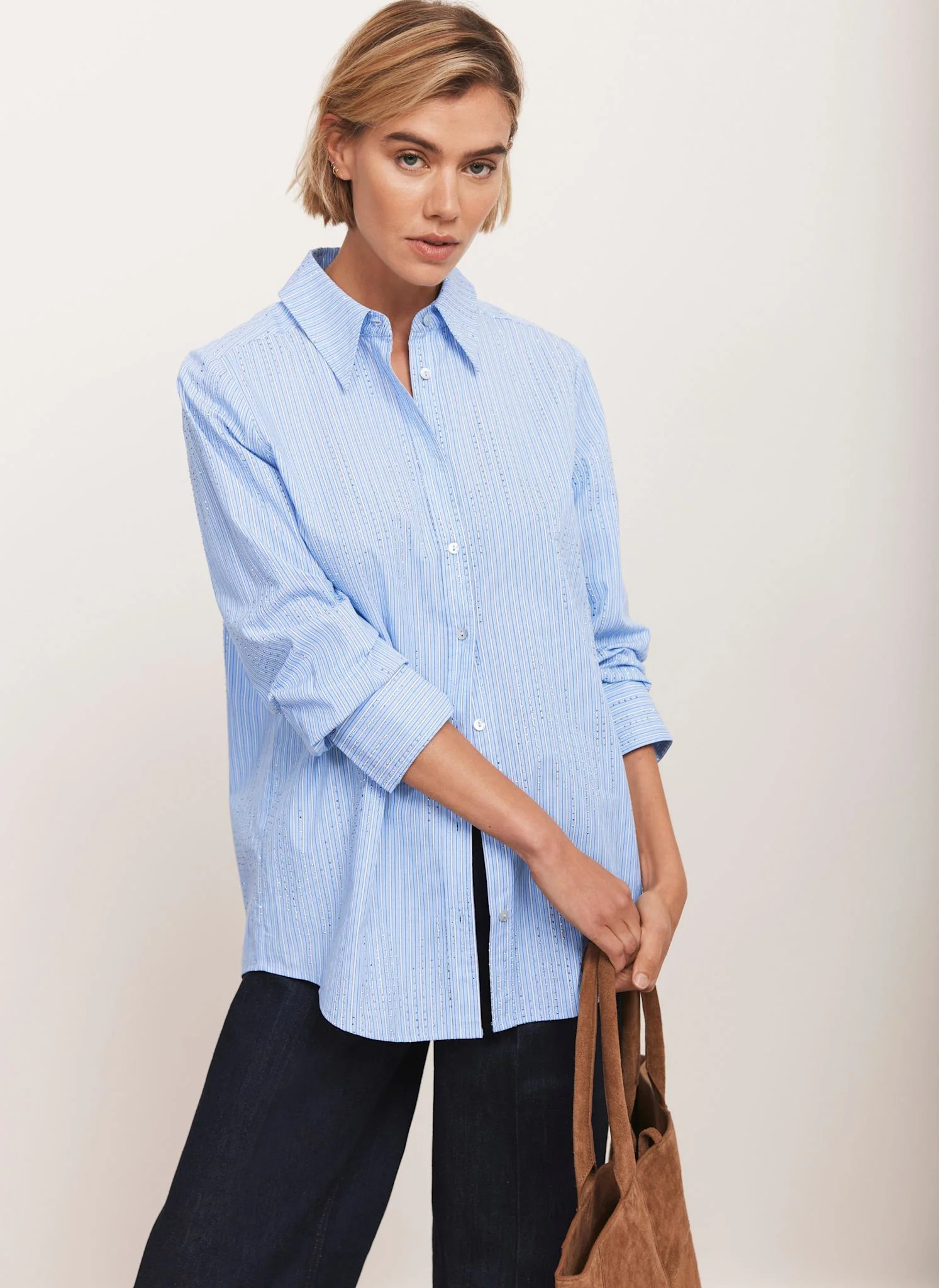 Blue Striped Diamante Detail Shirt | Mint Velvet
