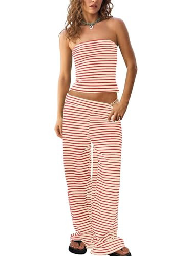 Tankaneo Womens Striped 2 Piece Sets Summer Strapless Crop Tube Tops Wide Leg Pants Matching Lounge Set Vacation Outfits | Amazon (US)