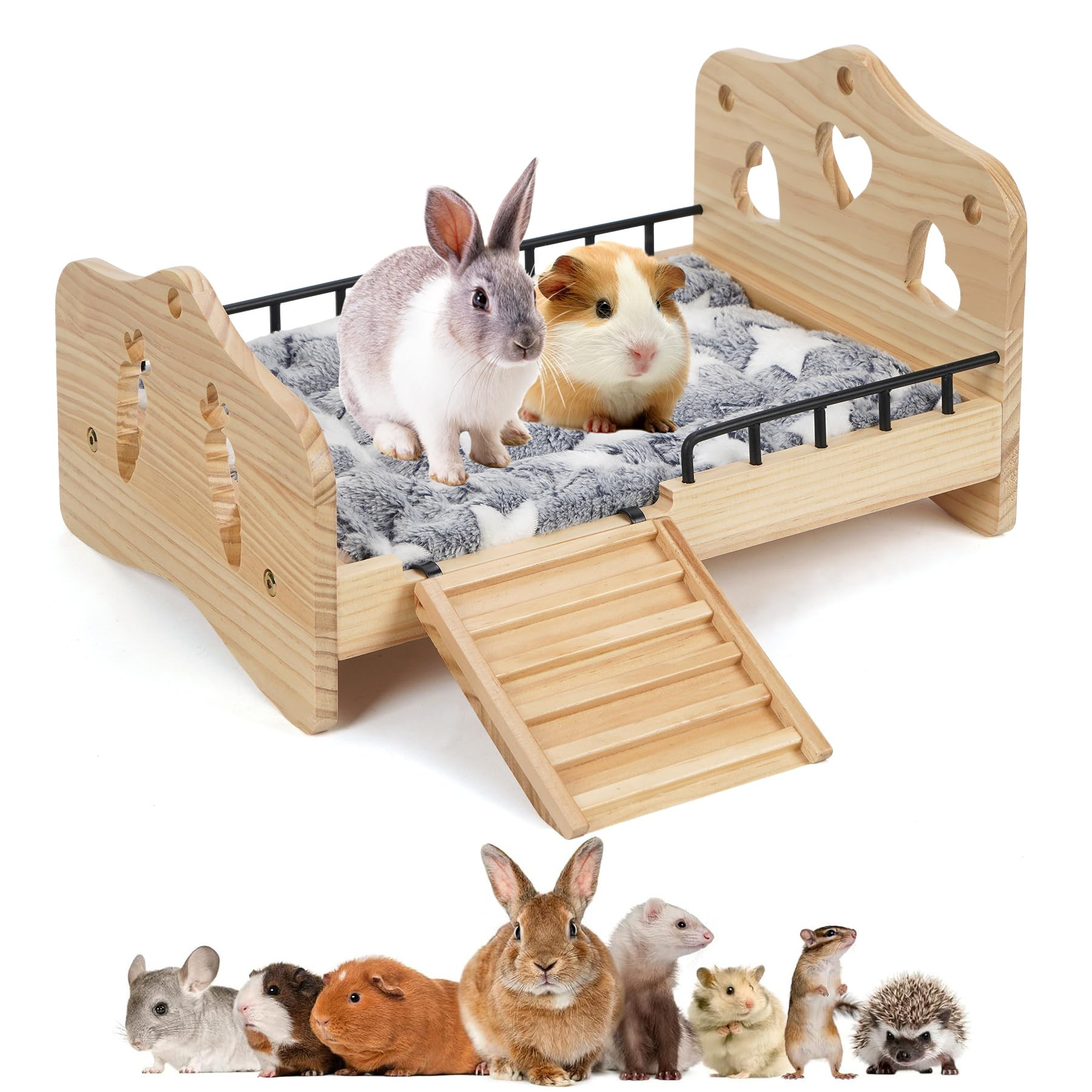 Wooden Bunny Bed, 2 in 1 Rabbit Guinea Pig Bed Detachable Small Animal Bed with Stairs Washable R... | Amazon (US)