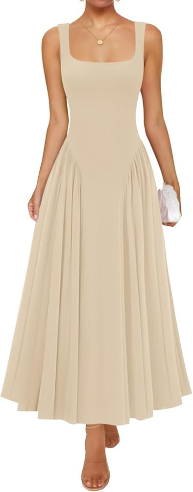 ZESICA Womens 2025 Summer Sleeveless Square Neck Sundress Casual Long Flowy A Line Knit Dress Bea... | Amazon (US)