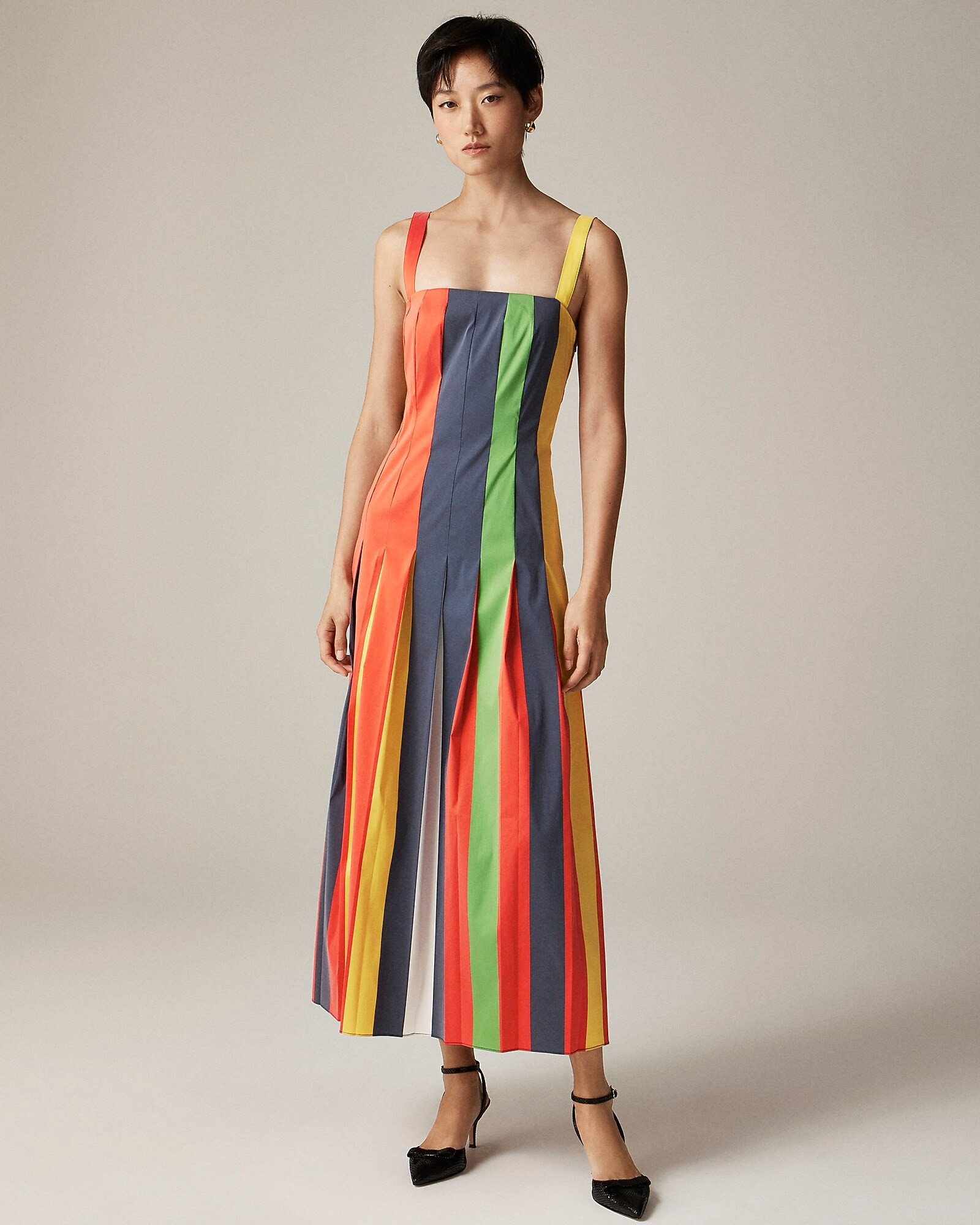 Christopher John Rogers X J.Crew pleated dress in striped stretch taffeta | J. Crew US