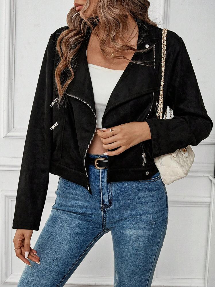 SHEIN LUNE Casual Street Style Long Sleeve Faux Suede Biker Jacket, Autumn | SHEIN