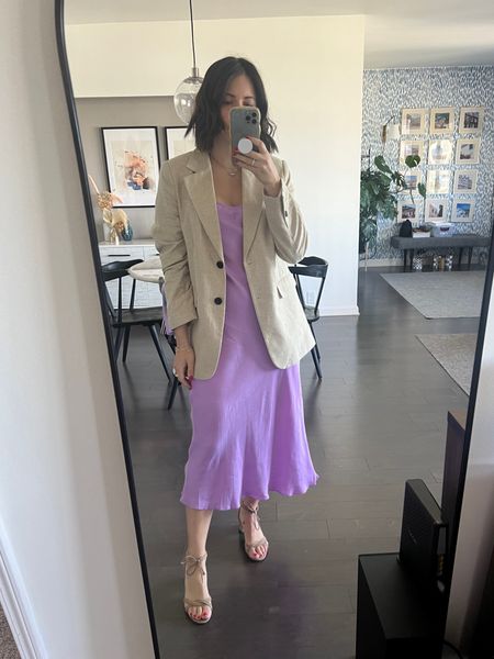 Jcrew slip dress wearing a size 4 it’s tts and maybe a smidge big. Oversized linen blazer.  sharing similar items to get the look. Headed to a bridal shower 

#LTKfindsunder50 #LTKfindsunder100 #LTKparties