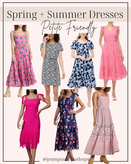 I’ve tried the fit of each of these dresses for their petite friendly fit! 

Pink floral: xs 
Printed mini dress: petite xxs/00 
Blue floral dress: petite xxs/00 
Pink eyelet dress: petite xxs/00 
Pink lace: xs (runs a little snug, I would wear shape wear with it) 
Blue lace: xs 
Printed maxi: xs (I pinned the straps on this one for a better fit, it’s also roomy around the chest on me) 

#LTKSeasonal #LTKwedding #LTKFind