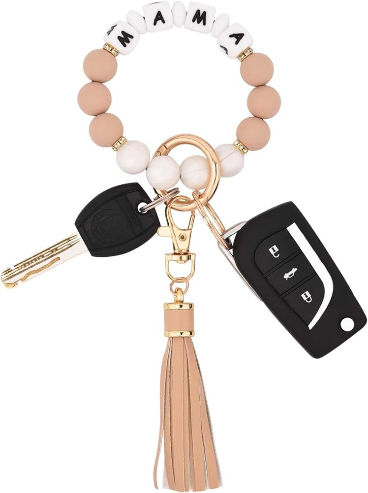 BAOSIWA Silicone Beaded Bracelet Keychain Wristlet Key Ring Bangle Chains for Women with Leather ... | Amazon (US)