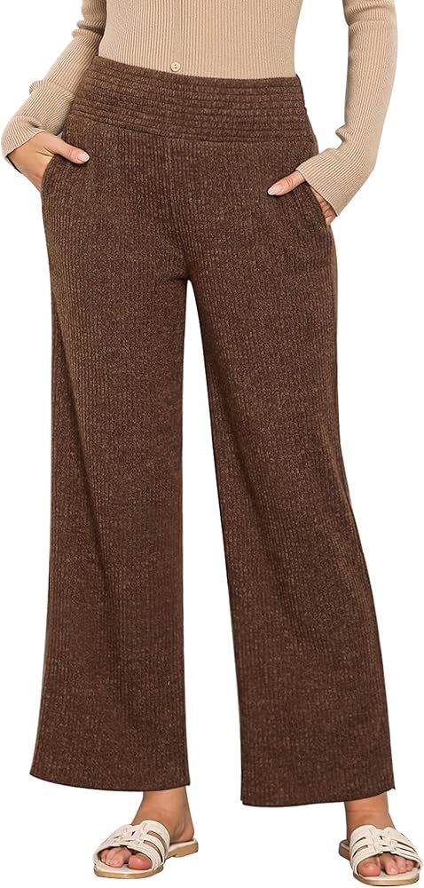 GRAPENT Ribbed Wide Leg Pants Woman High Waisted Pull On Lounge Fleece Knit Fall Smocked Elastic ... | Amazon (US)