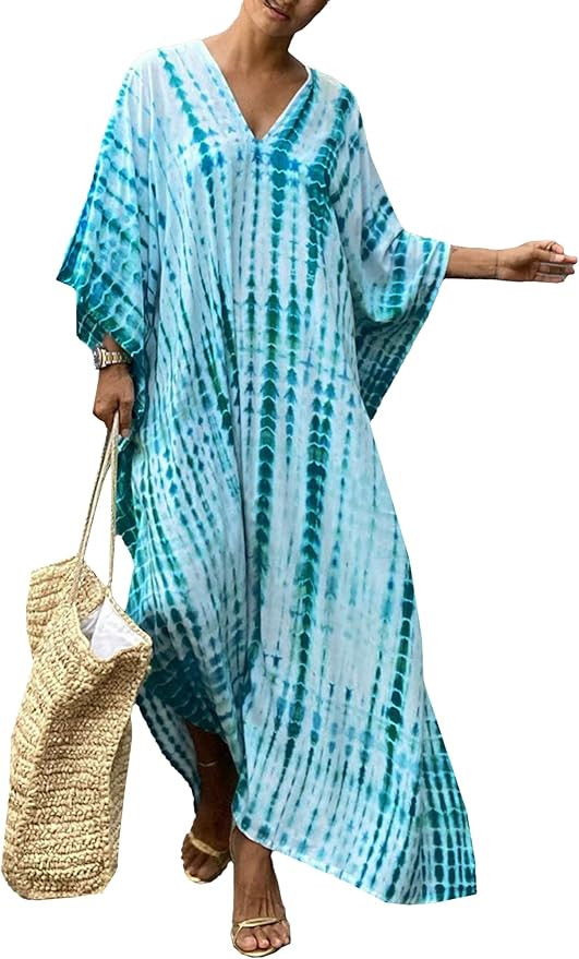 Moss Rose Women Summer Caftan Coverups Dress Kimono Beach Vacation Wear V Neck Print Maxi Boho Dr... | Amazon (US)