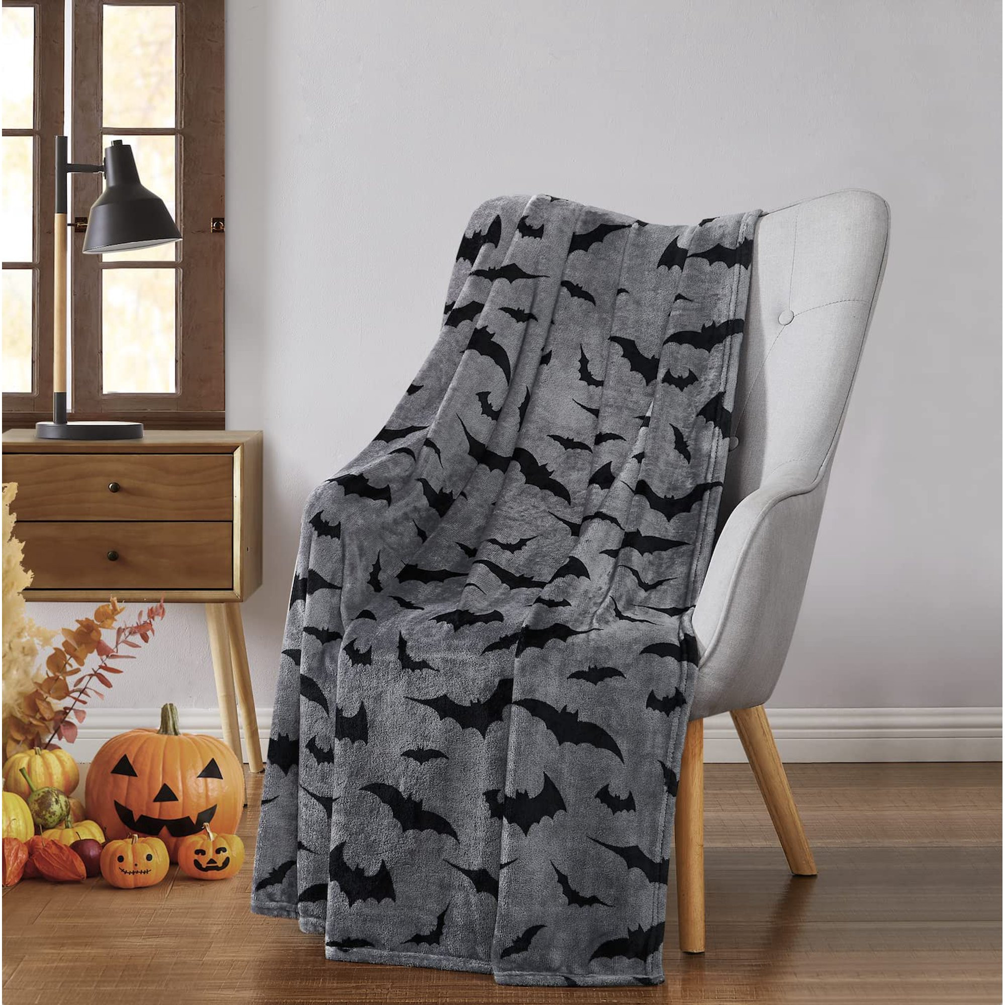 Serafina Home Halloween Blanket Throw: Black Bats on Grey Velvet Fleece for Sofa Bed Couch Chair ... | Walmart (US)