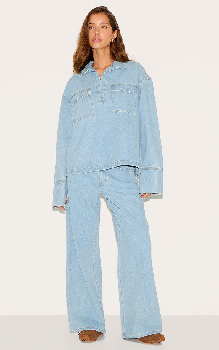 Light Blue Long Sleeve Slouchy Denim Rugby Shirt | PrettyLittleThing US