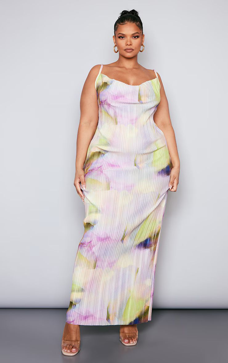 Plus Lilac Watercolour Plisse Cowl Neck Maxi Dress | PrettyLittleThing US