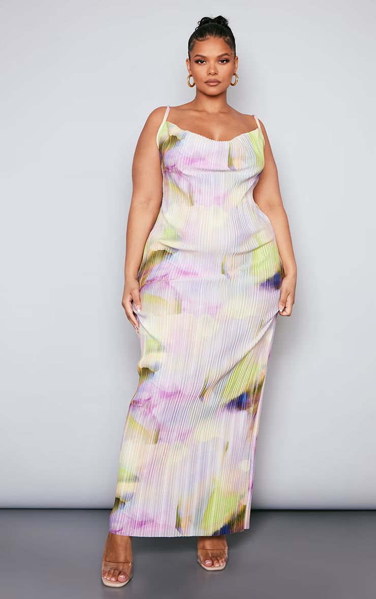 Plus Lilac Watercolour Printed Plisse Cowl Neck Maxi Dress | PrettyLittleThing US