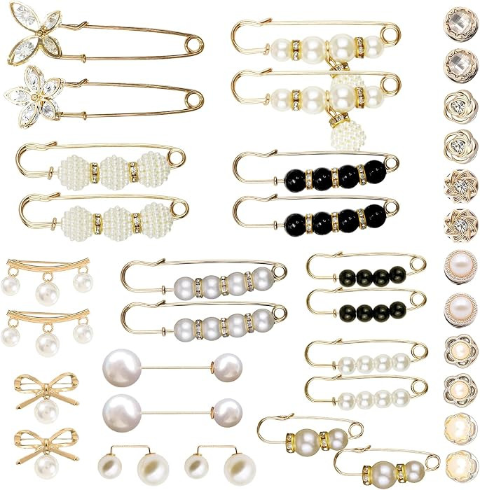 36 Pieces Crystal Pearl Brooch Safety Pins Pant Waist Tightener Pins Button Pins for Clothes Swea... | Amazon (US)