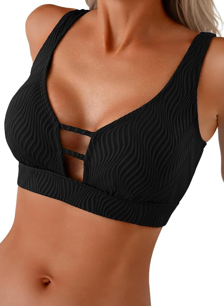 Herseas Push Up Bikini Top Women Textured Sexy Swim Suit Tops Scoop Neck Swimsuit Top Fashion Bat... | Amazon (US)