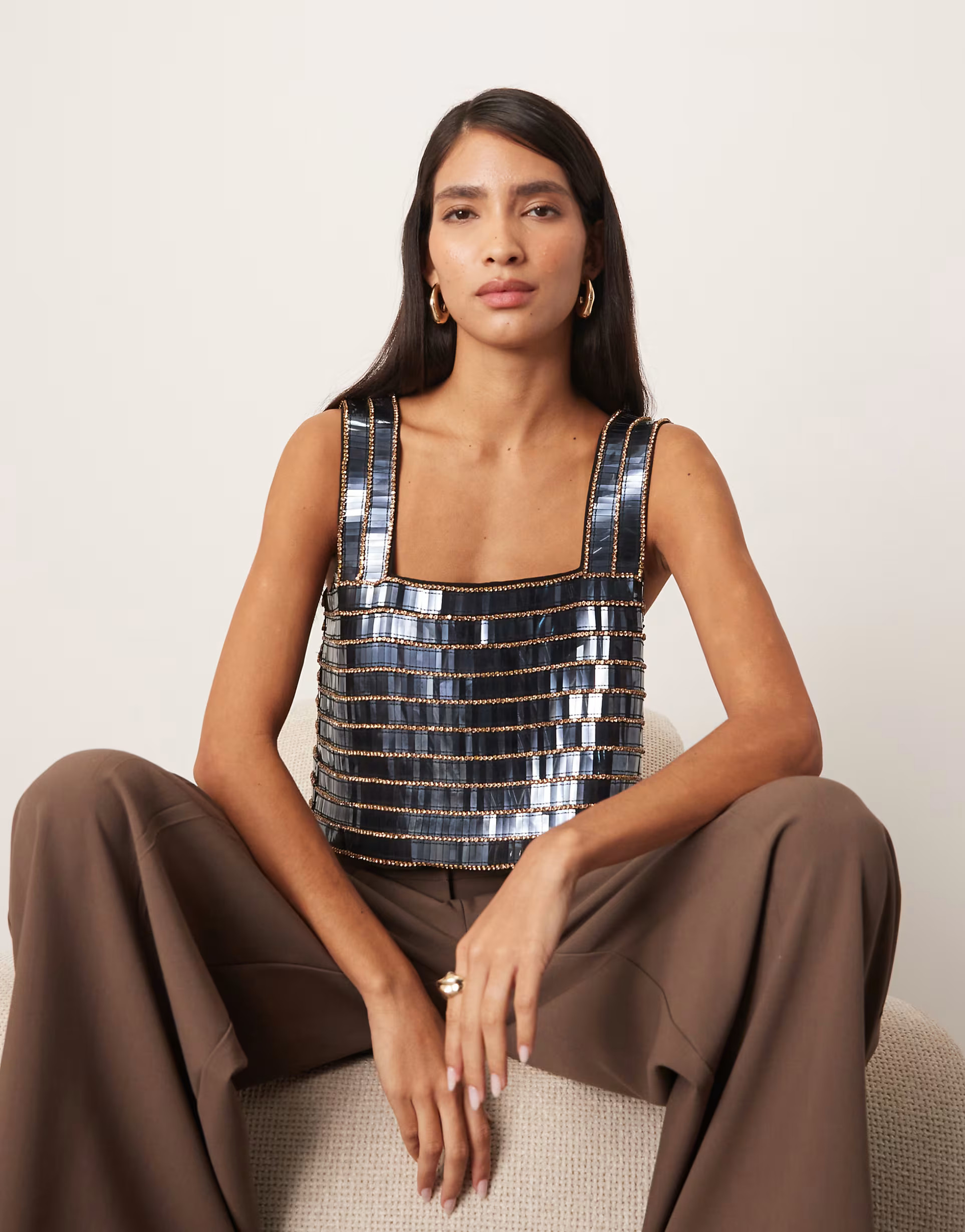 ARRANGE linear embellished square neck loose fit top in gunmetal | ASOS (Global)