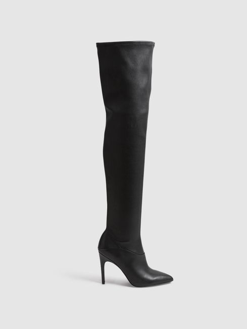 Reiss Black Caia Over The Knee Leather Boots | Reiss (UK)