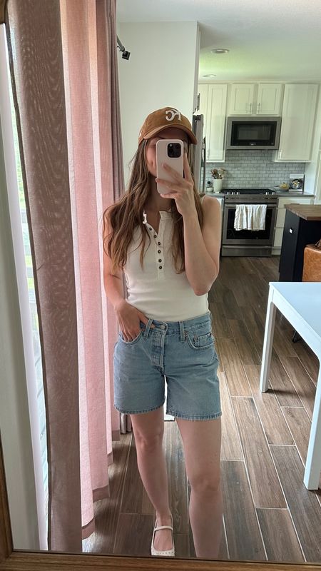 wearing a small in tank, love the fit and buttons are functional 
these shorts🫶🏻 tts

Summer outfit, mom outfit, nursing friendly 