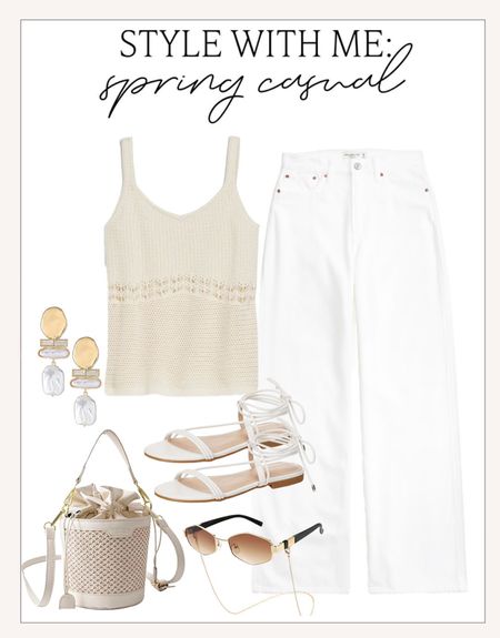 Casual, neutral spring outfit idea! 

#springstyle

Knit sweater tank. White wide leg jeans. Trendy spring jeans. Rattan bucket bag. White lace up sandals  

#LTKstyletip #LTKSeasonal #LTKfindsunder100