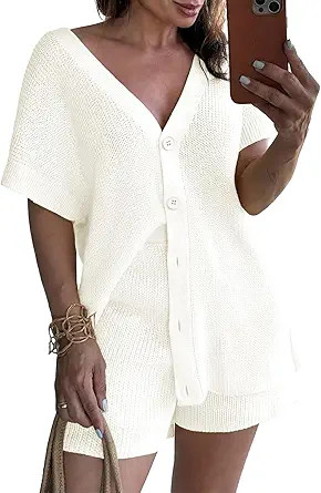 Saodimallsu Womens 2 Piece Outfits Sweater Sets Summer Oversized Cap Sleeve Button Up Cardigans T... | Amazon (US)