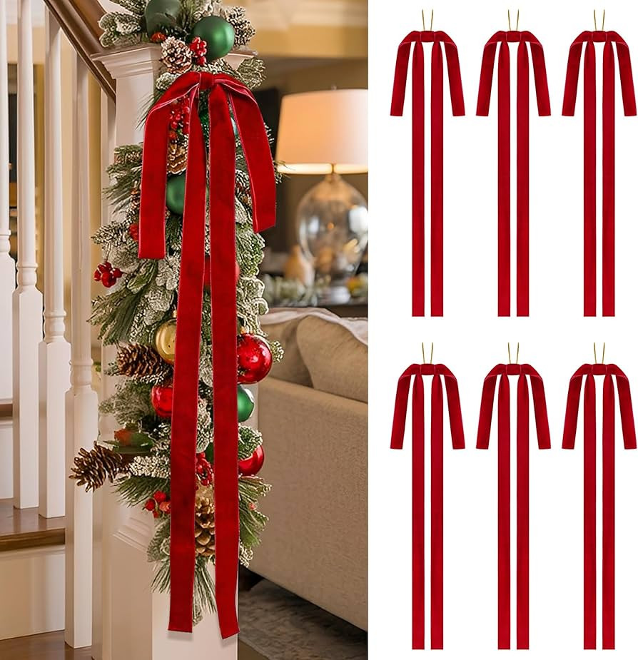 SIMISI RIBBON Red Long Velvet Bows Ornaments for Christmas Tree, Wreath, Garland, Swag, Staircase... | Amazon (US)