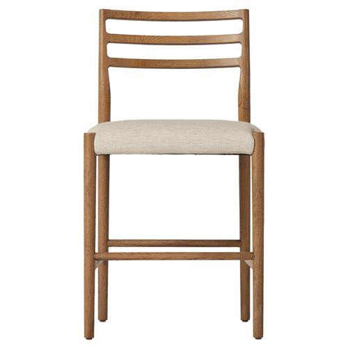 George Mid Century Modern Beige Upholstered Brown Solid Oak Counter Stool | Kathy Kuo Home