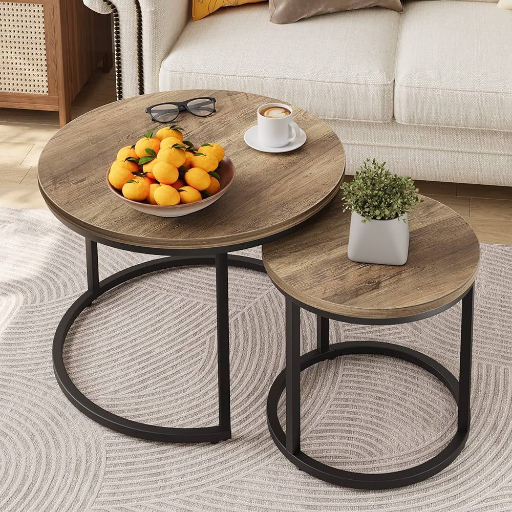 Smuxee Nesting Coffee Table Set of 2, 23.6" Round Coffee Table Wood Grain Top with Adjustable Non... | Amazon (US)