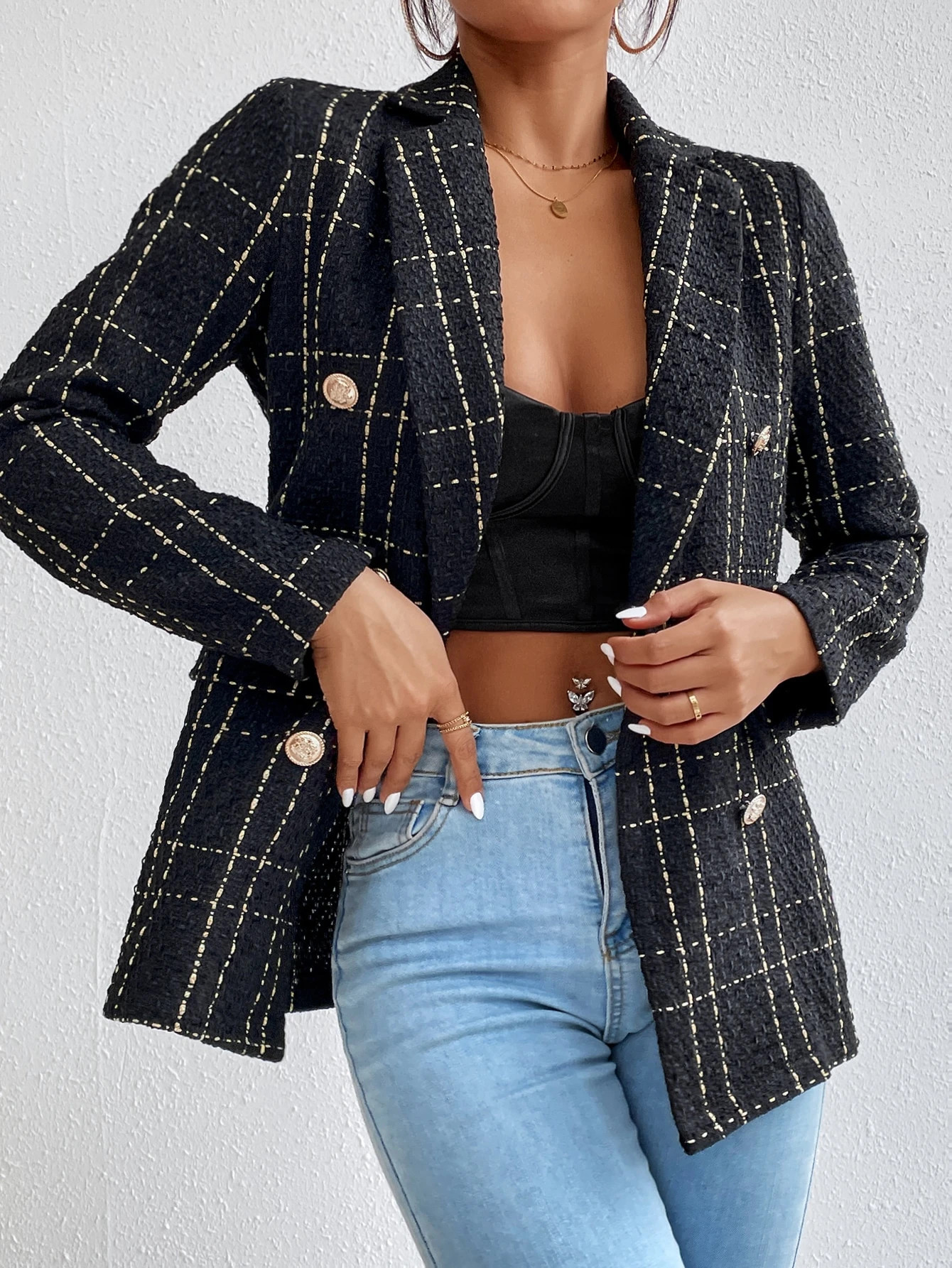 Plaid Double Breasted Tweed Blazer | SHEIN