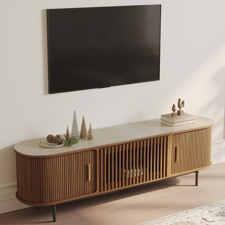 POVISON 70.87" Wood Fully-Assembled Sliding Tambour Door TV Stand, Walnut | Amazon (US)