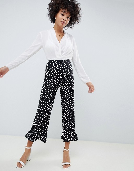 ASOS DESIGN cropped pants with fluted ruffle hem in polka dot | ASOS US