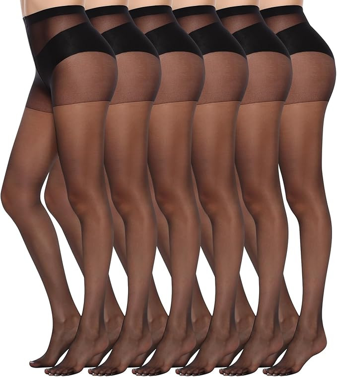 MANZI 6 Pairs Women's 20D Sheer Silky Pantyhose Run Resistant Nylon Tights High Waist Stockings w... | Amazon (US)