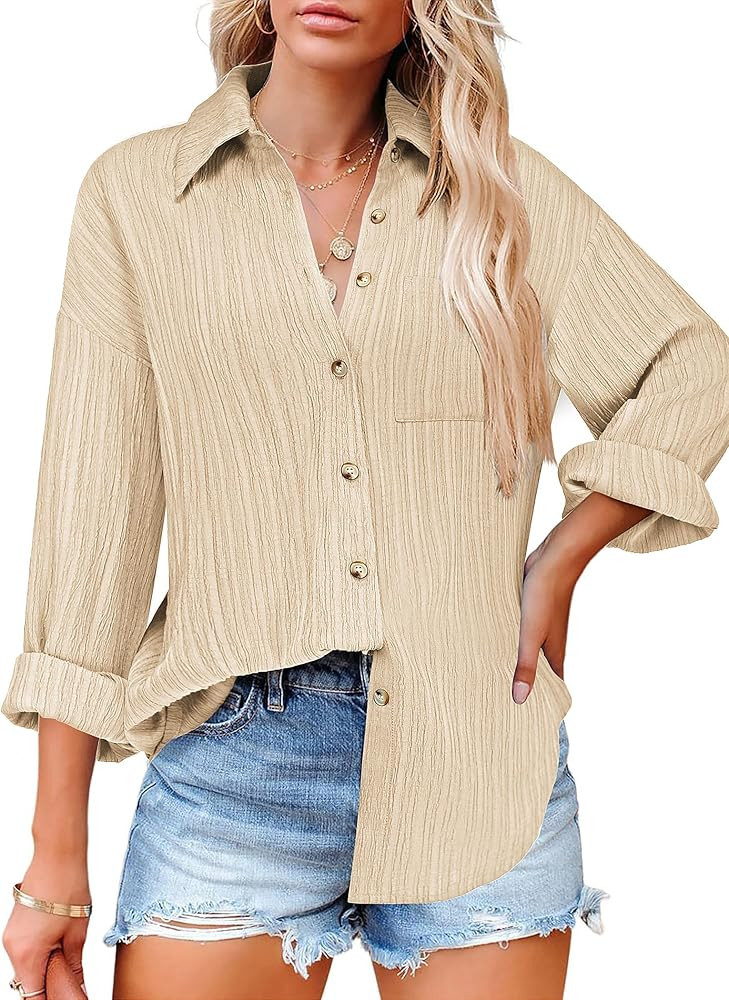 Zeagoo Womens Button Down Shirts Casual Long Sleeve Blouses V Neck Dress Shirt Textured Collared ... | Amazon (US)