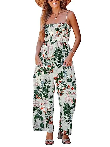 CUPSHE Women's Tropical Floral Print Smocked Cami Jumpsuit Maxi Jumpsuit Sleeveless | Amazon (US)