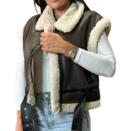 IMISSILLEB Women Leather Sherpa Vest Fur Collar Sleeveless Zipper Faux Suede Shearling Vest 2024 Biker Moto Jacket Outerwear (Black, S) | Amazon (US)