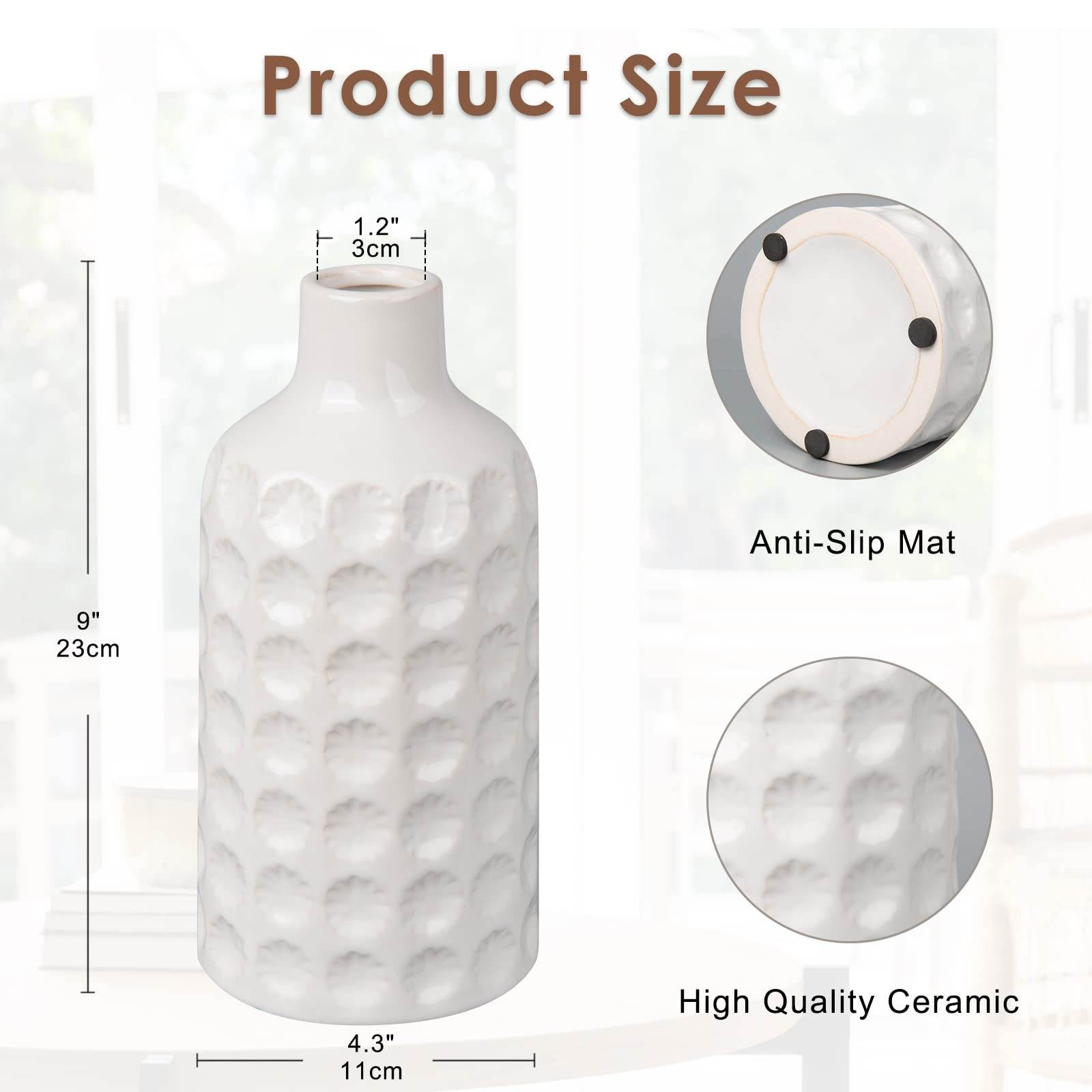 9 Inch White Ceramic Vases Floral Porcelain Decorative Boho Farmhouse Beige Flower Vase for Home ... | Amazon (US)