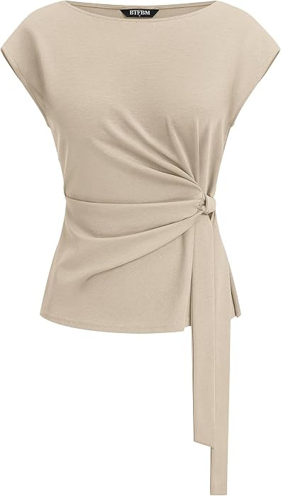 BTFBM Women Blouses Summer Cap Sleeve Crew Neck Work Shirts | Amazon (US)