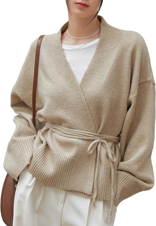 Verdusa Women's Drop Shoulder Long Sleeve Open Front Belted Wrap Cardigan Sweater | Amazon (US)