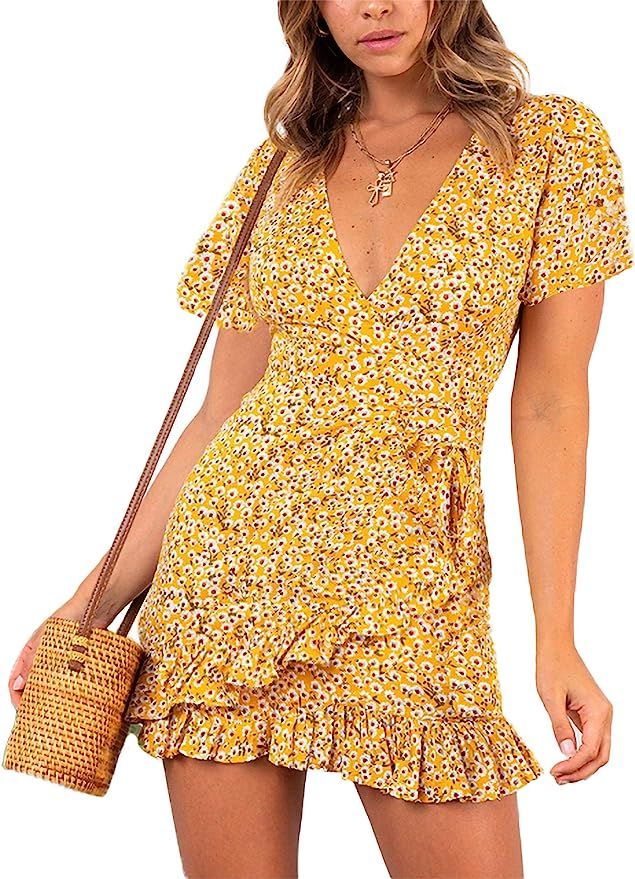 Relipop Summer Women Short Sleeve Print Dress V Neck Casual Short Dresses | Amazon (US)