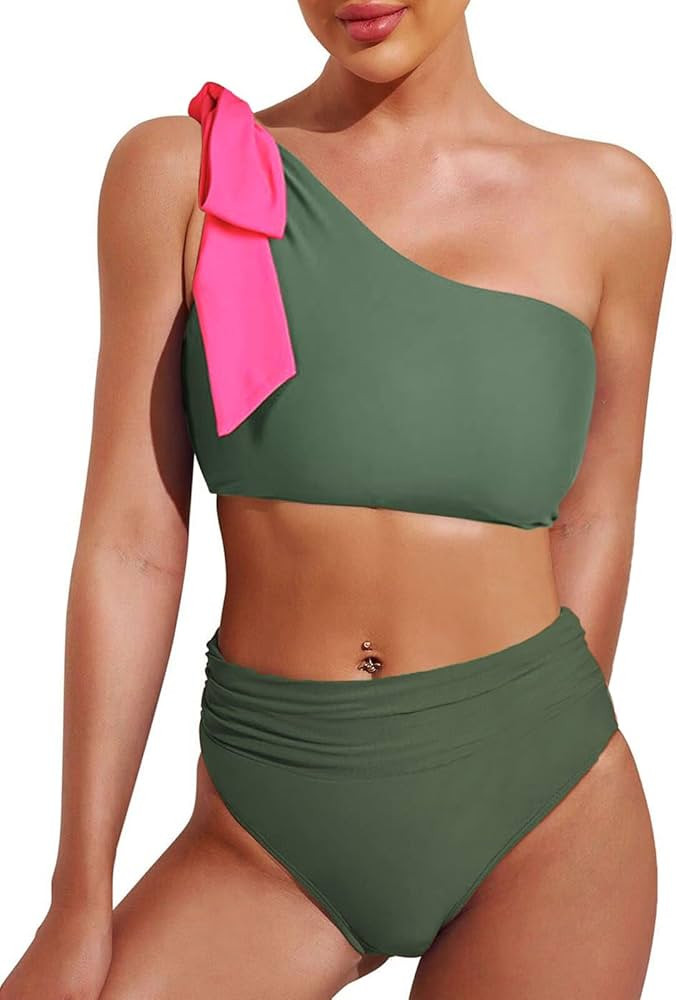 Swmmer Liket Women High Waisted Bikini One Shoulder Swimsuit Two Piece Bathing Suit Cutout Bow Ti... | Amazon (US)