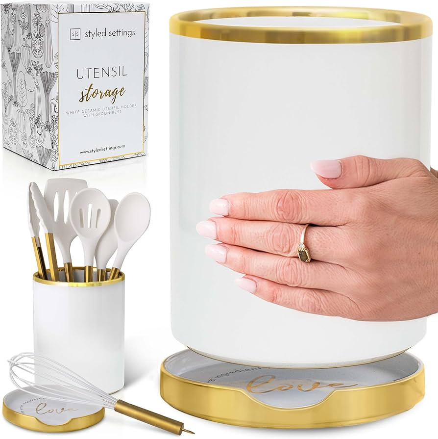White Utensil Holder with Built-In Ceramic Spoon Rest - 2-Piece Luxe White and Gold Spatula Holde... | Amazon (US)