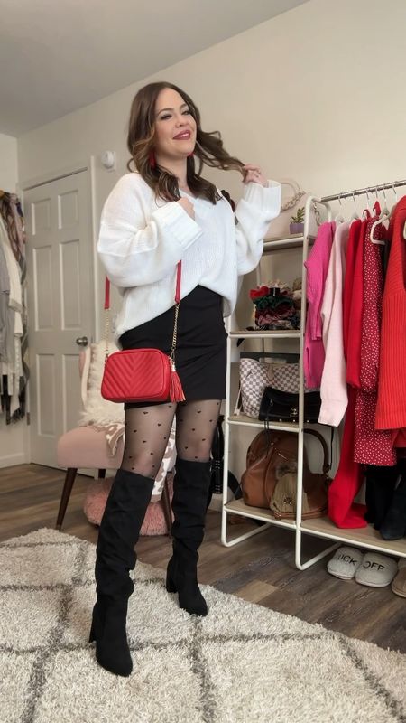 Valentines Day Outfit idea / midsize - wearing an XXL in sweater / XL in skirt and the tights say one size but they do not fit me (in 5’7”) 🤷🏼‍♀️ 

#LTKcurves #LTKshoecrush #LTKstyletip