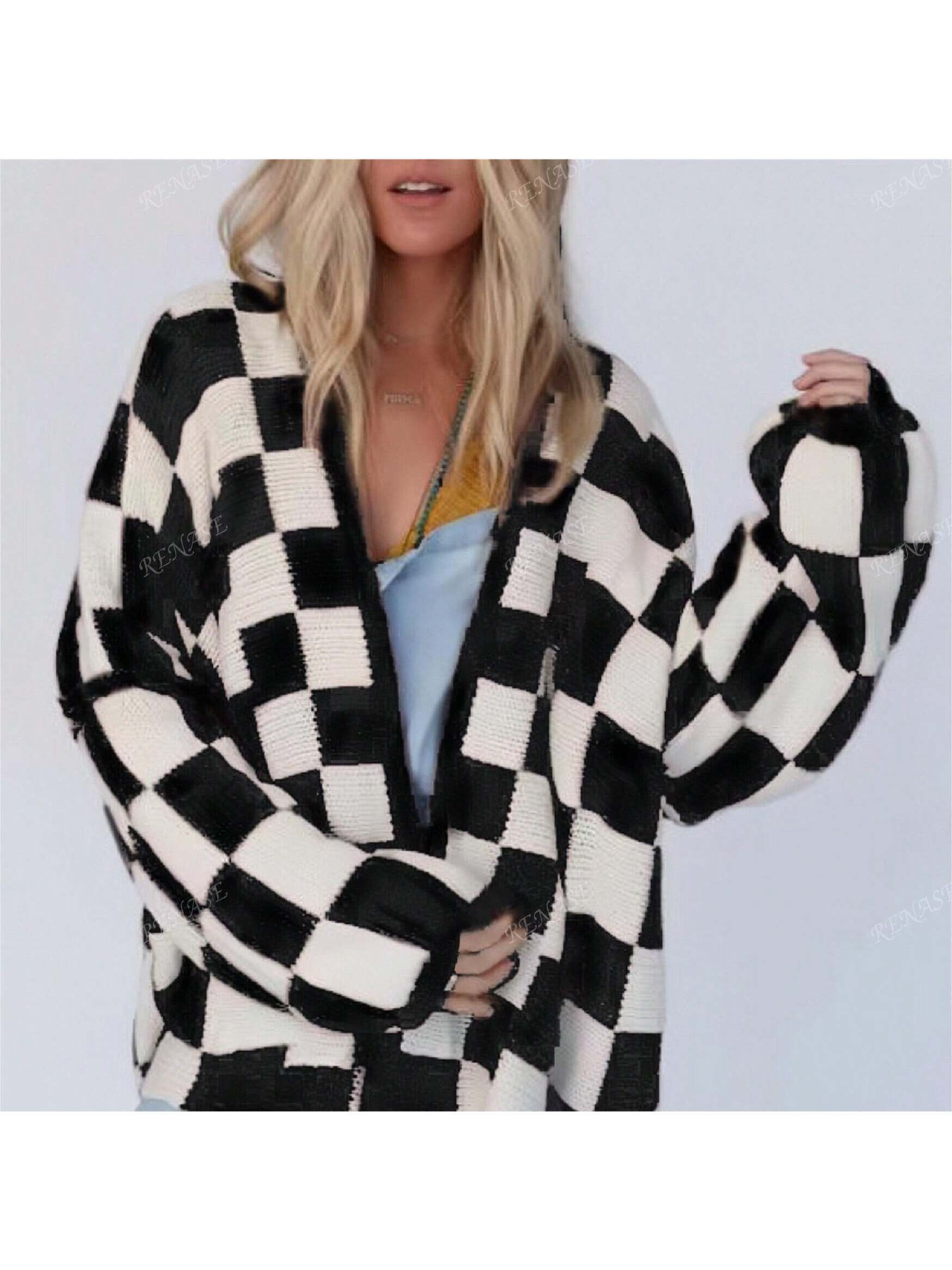 Casual Black & White Plaid Oversized Drop Shoulder Cardigan, Autumn/Winter | SHEIN