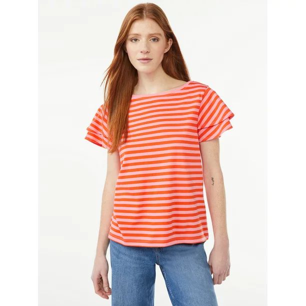 Free Assembly Women's Boatneck Tee with Flutter Sleeves | Walmart (US)