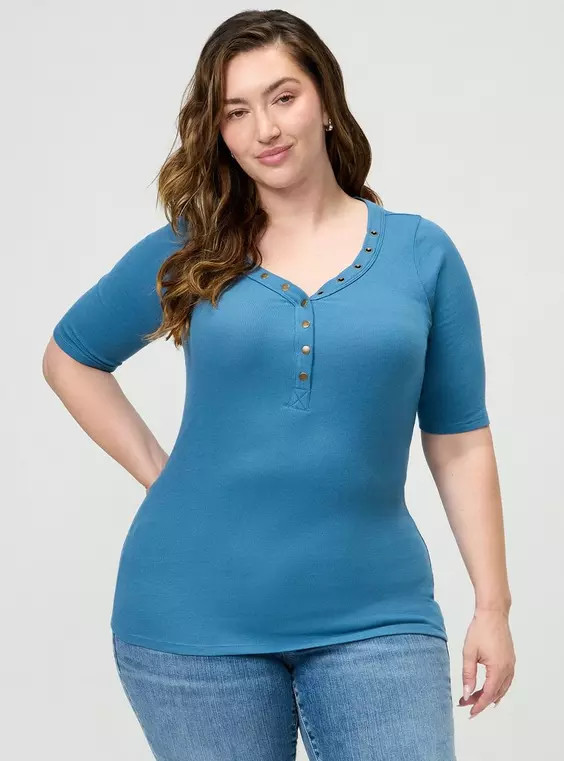 Cotton Modal Rib Curved Henley Top in Black | Torrid (US & Canada)