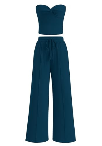 BTFBM Two Piece Sets For Women Summer Ribbed Strapless Twist Knot Tube Top Pants Set Casual 2026 Beach Vacation Outfits(Dark Blue, X-Small) | Amazon (US)