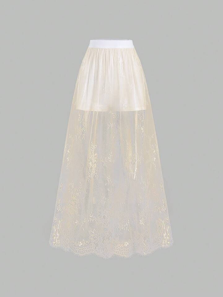 Rafferiza Elastic Waist Lace Skirt Maxi Women Outfit | SHEIN